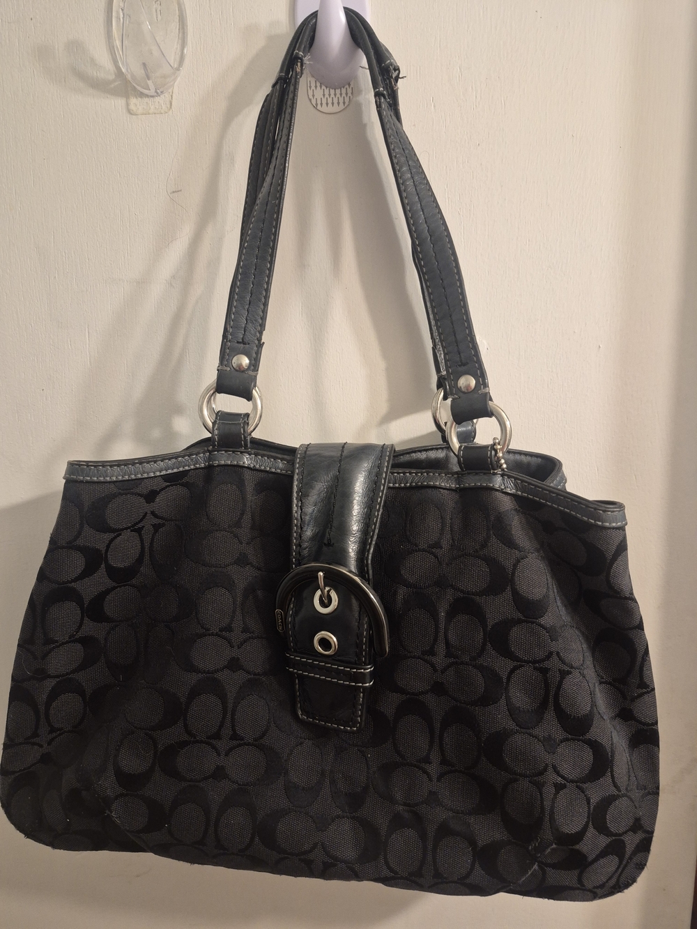 Coach Black Signature Tote with Leather Trim and Buckle